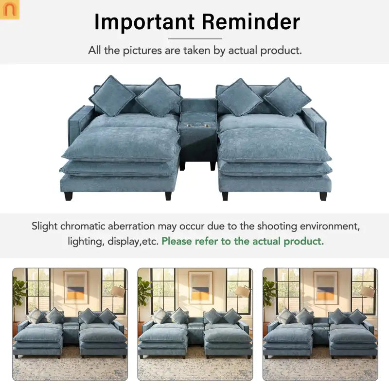 Sectional Sofa Chenille Light Blue 2 Seat USB Ports 2 Ottomans 111 In
