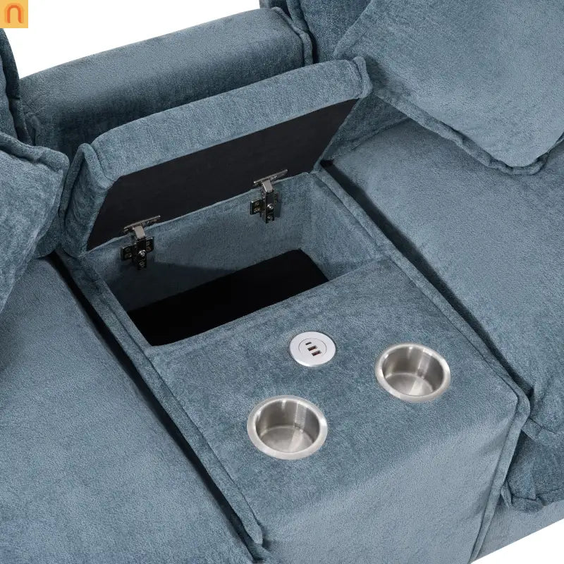 Sectional Sofa Chenille Light Blue 2 Seat USB Ports 2 Ottomans 111 In
