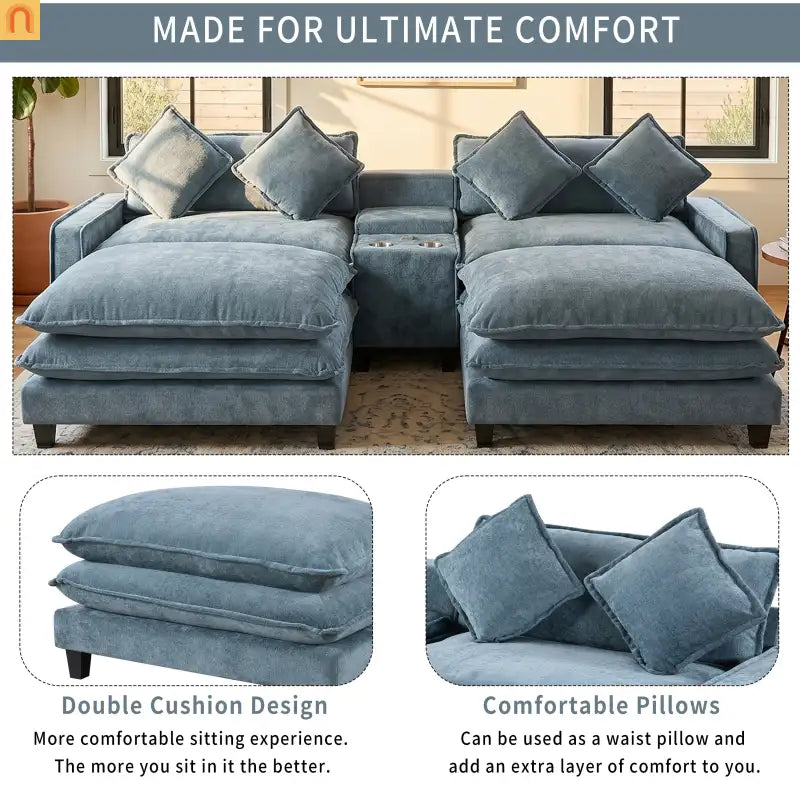 Sectional Sofa Chenille Light Blue 2 Seat USB Ports 2 Ottomans 111 In