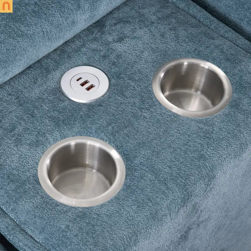 Sectional Sofa Chenille Light Blue 2 Seat USB Ports 2 Ottomans 111 In