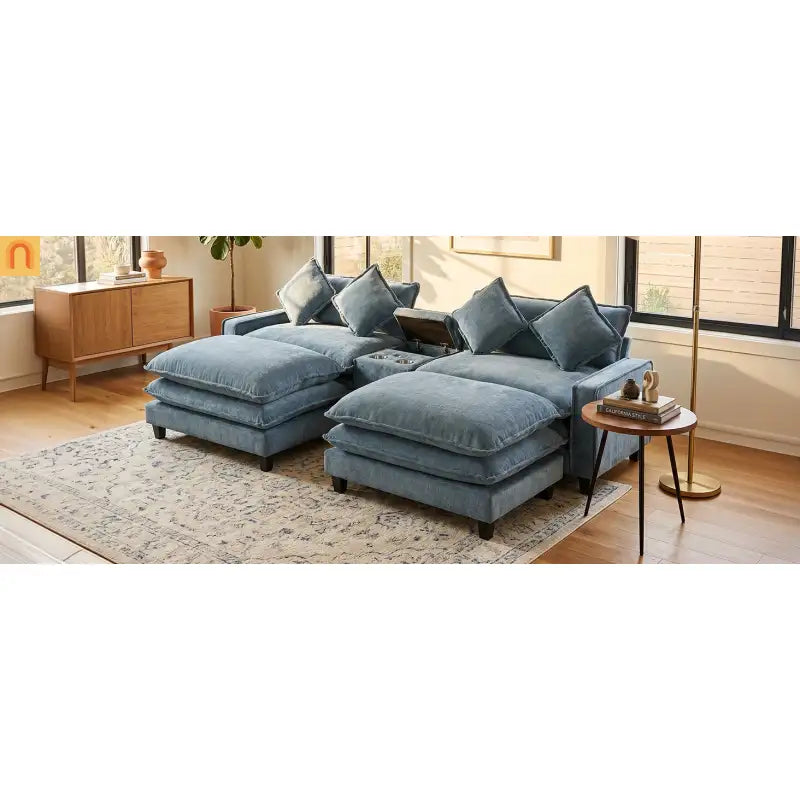Sectional Sofa Chenille Light Blue 2 Seat USB Ports 2 Ottomans 111 In