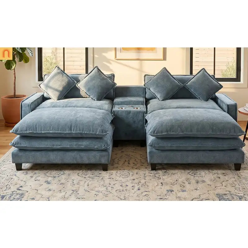 Sectional Sofa Chenille Light Blue 2 Seat USB Ports 2 Ottomans 111 In