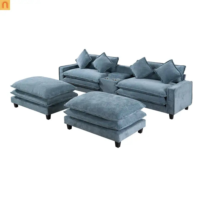 Sectional Sofa Chenille Light Blue 2 Seat USB Ports 2 Ottomans 111 In