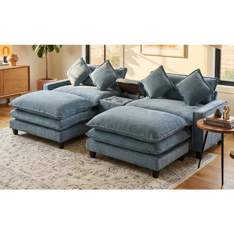 Sectional Sofa Chenille Light Blue 2 Seat USB Ports 2 Ottomans 111 In