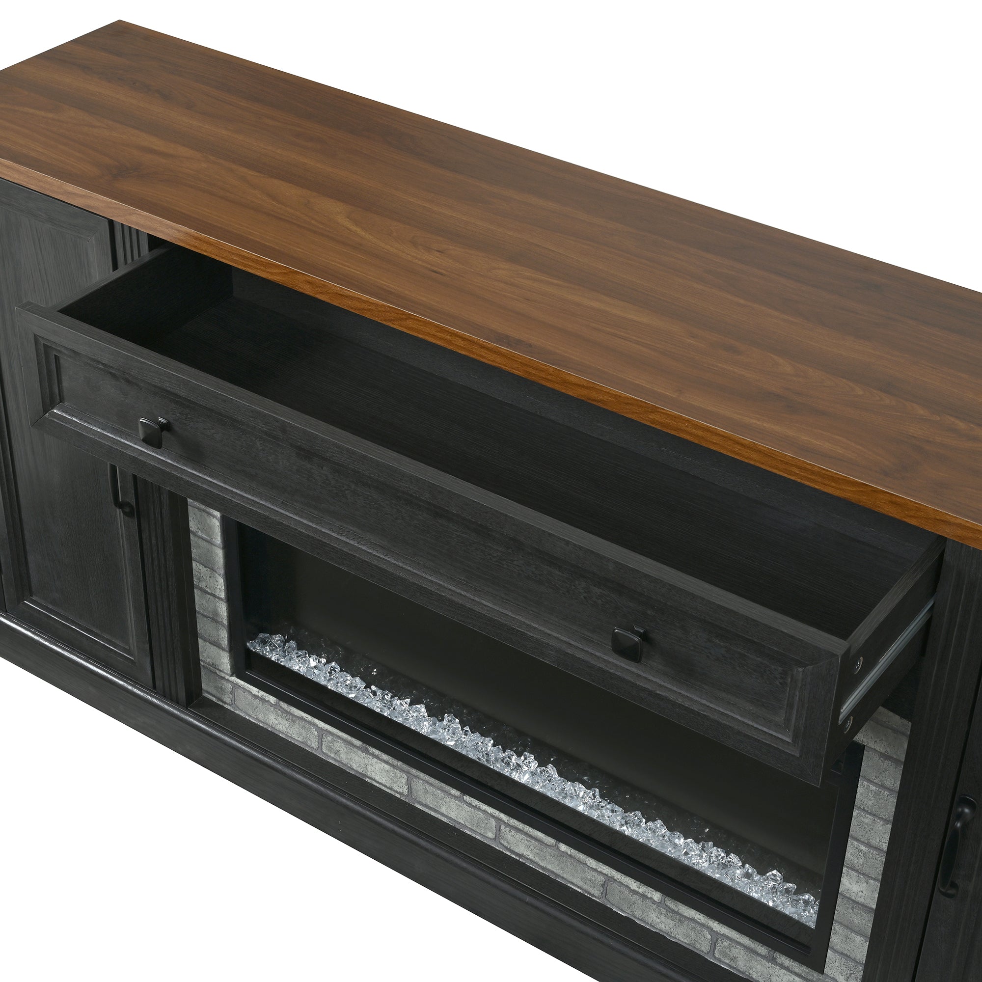 TV Stand Fireplace Black MDF Walnut Top Gray Brick 1400W Fits 70 In TV 66.9 In