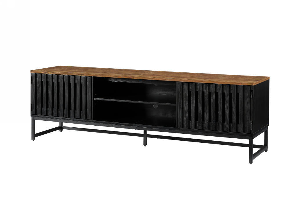TV Stand Mid-Century Black MDF Slatted Grille Doors 4-Shelf Fits 60 In TV