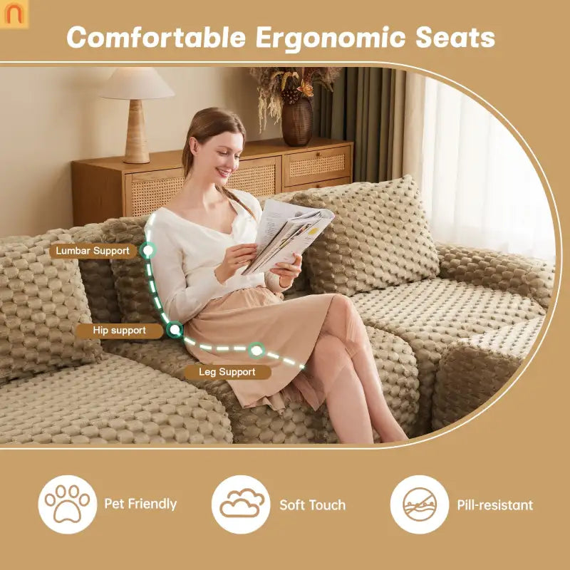 Sectional Sofa L-Shaped Modular Camel Three-Seater with Movable Ottoman