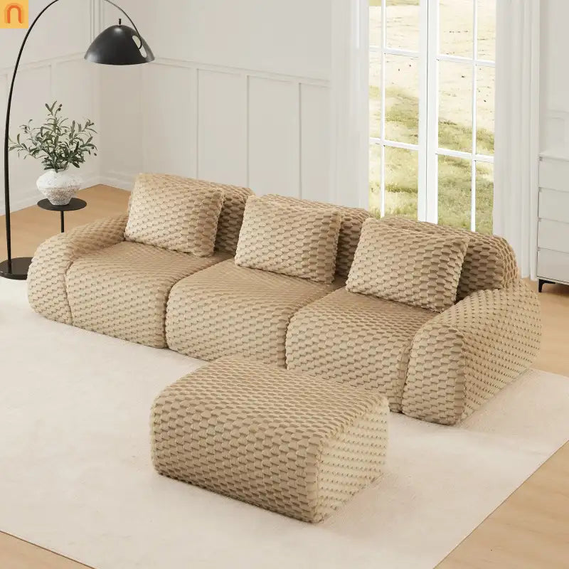 Sectional Sofa L-Shaped Modular Camel Three-Seater with Movable Ottoman