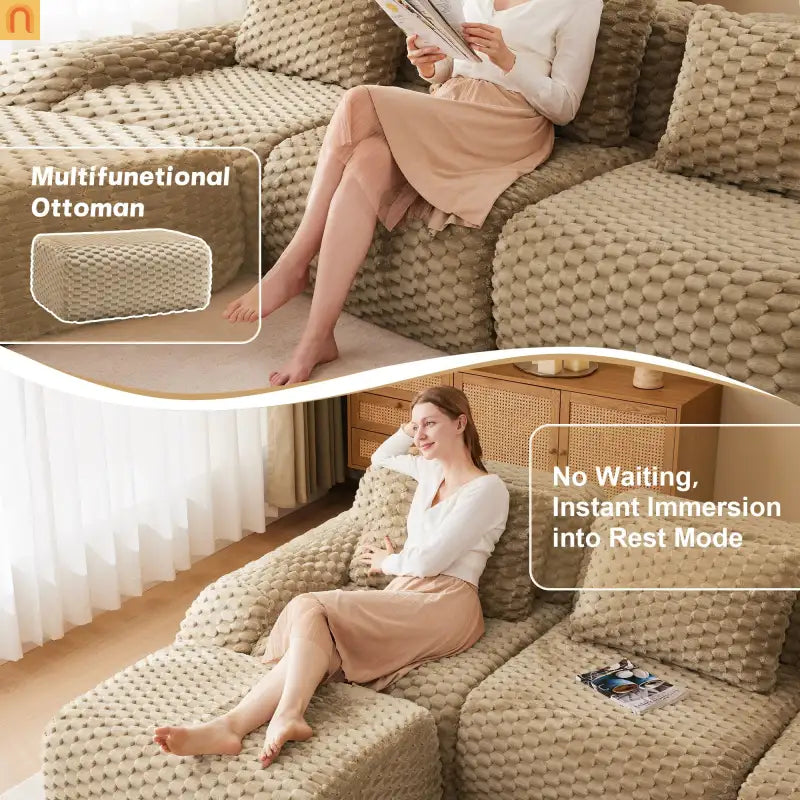 Sectional Sofa L-Shaped Modular Camel Three-Seater with Movable Ottoman