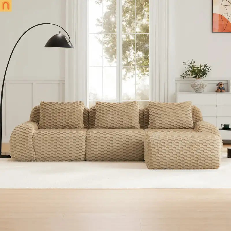 Sectional Sofa L-Shaped Modular Camel Three-Seater with Movable Ottoman