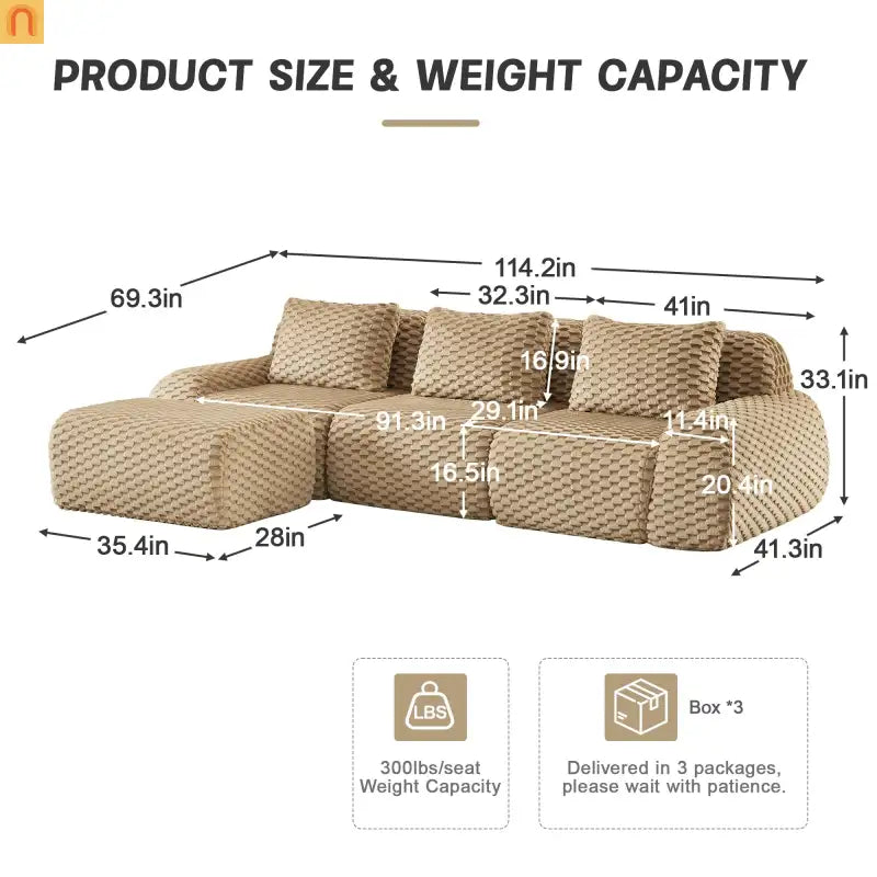 Sectional Sofa L-Shaped Modular Camel Three-Seater with Movable Ottoman