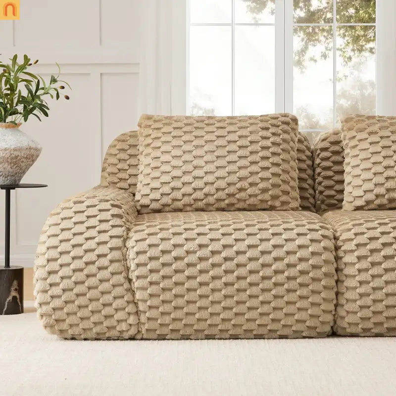 Sectional Sofa L-Shaped Modular Camel Three-Seater with Movable Ottoman