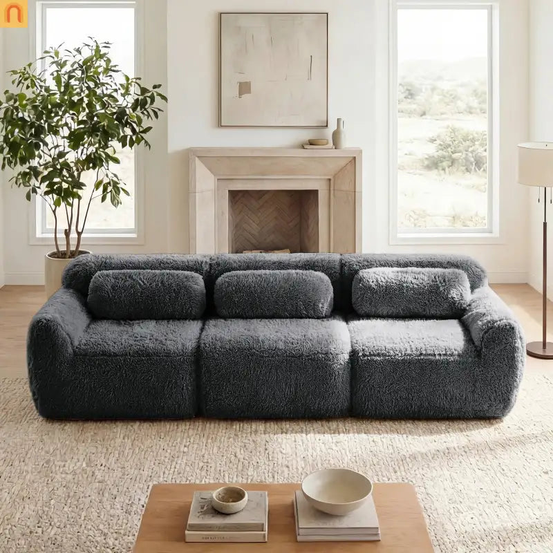 Sectional Sofa Modular Dark Grey Plush Fabric 114 Inch