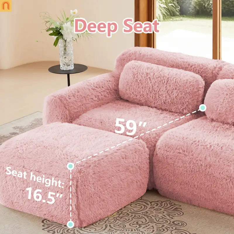 Sectional Sofa Modular Pink Plush Fabric 114 Inch with Throw Pillows