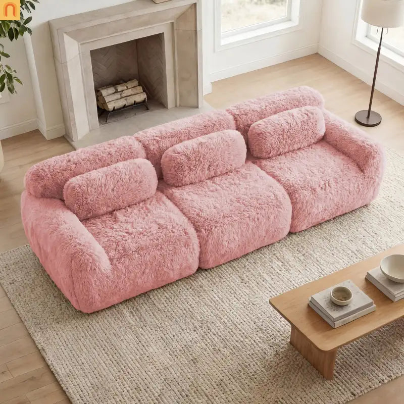 Sectional Sofa Modular Pink Plush Fabric 114 Inch with Throw Pillows