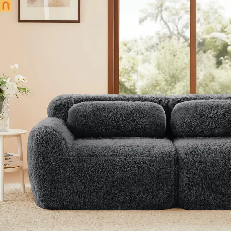 Sectional Sofa Modular Dark Grey Plush Fabric 114 Inch