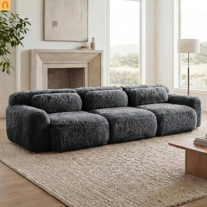 Sectional Sofa Modular Dark Grey Plush Fabric 114 Inch