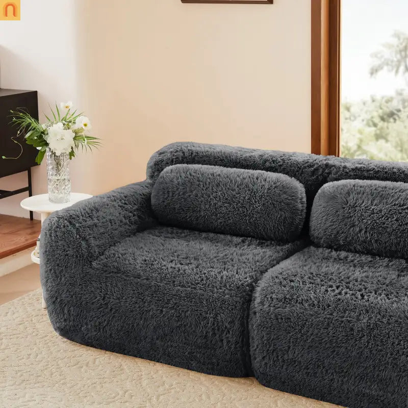 Sectional Sofa Modular Dark Grey Plush Fabric 114 Inch