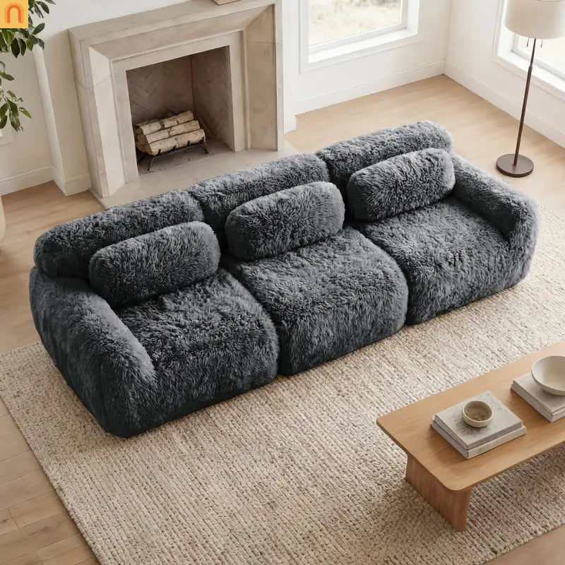 Sectional Sofa Modular Dark Grey Plush Fabric 114 Inch