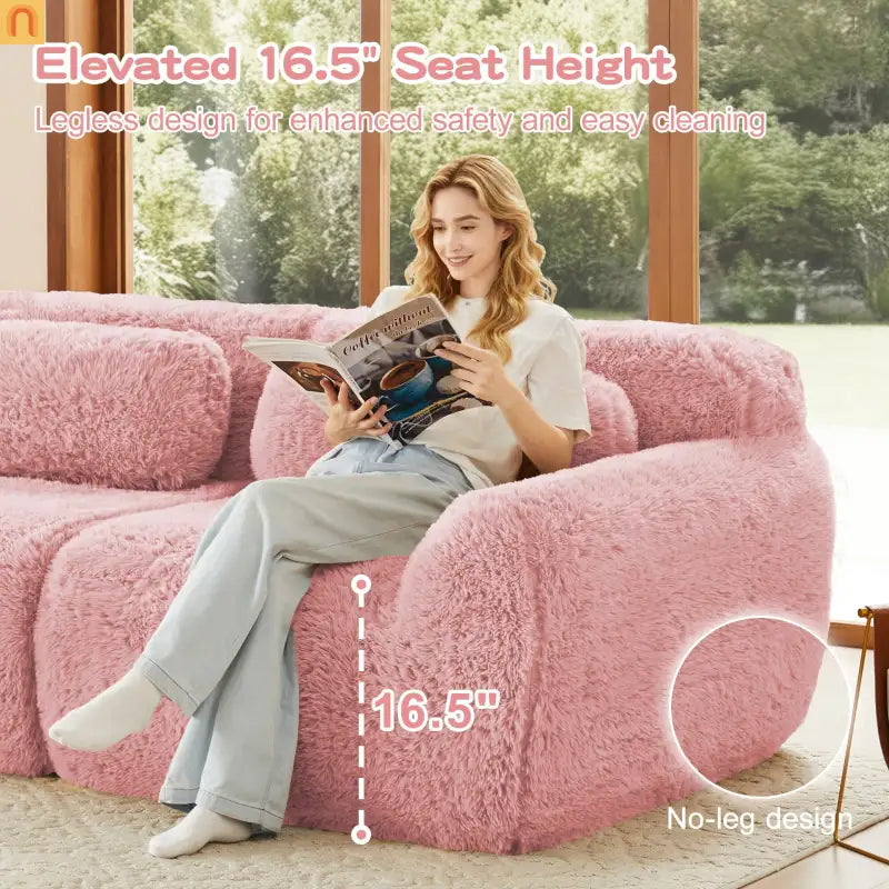 Sectional Sofa Modular Pink Plush Fabric 114 Inch with Throw Pillows
