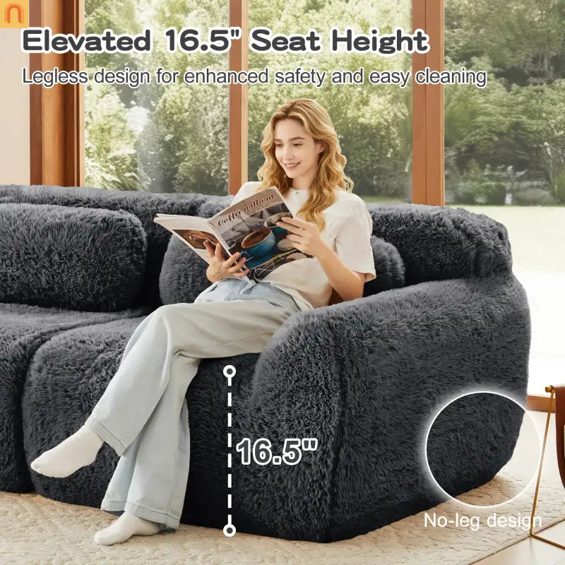 Sectional Sofa Modular Dark Grey Plush Fabric 114 Inch