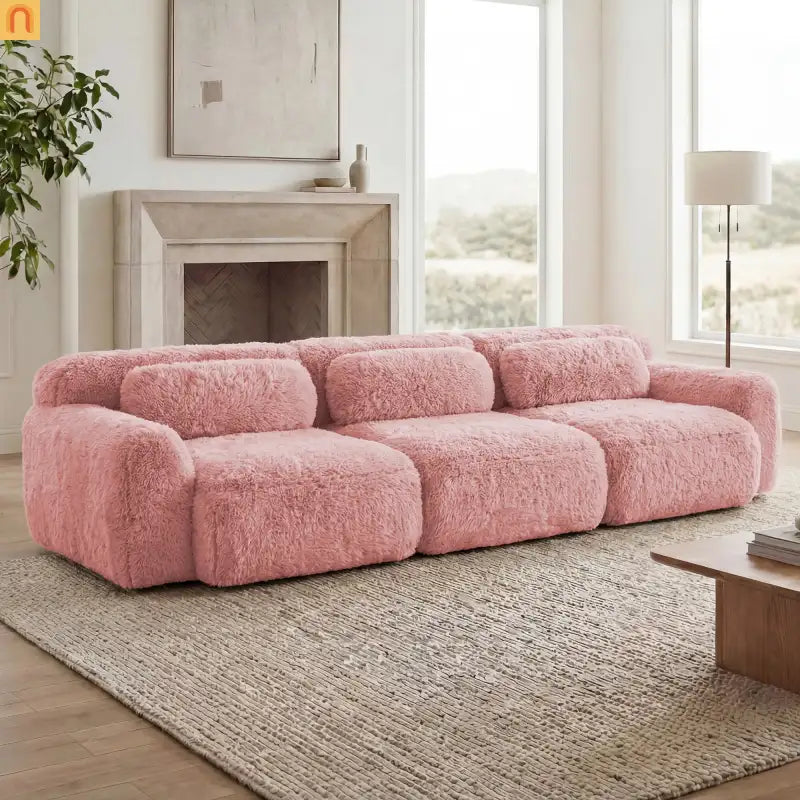 Sectional Sofa Modular Pink Plush Fabric 114 Inch with Throw Pillows