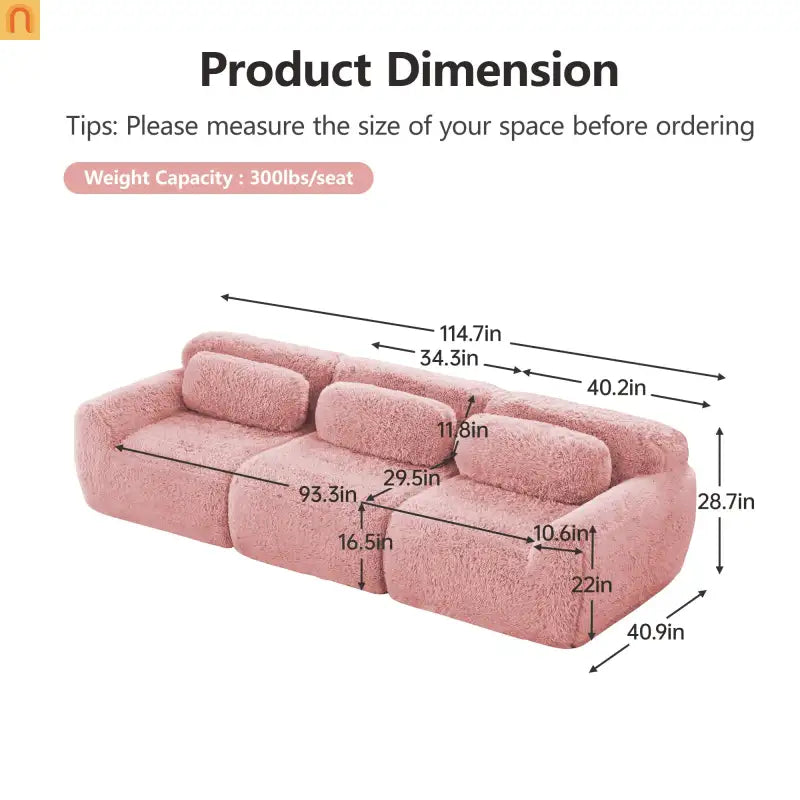 Sectional Sofa Modular Pink Plush Fabric 114 Inch with Throw Pillows