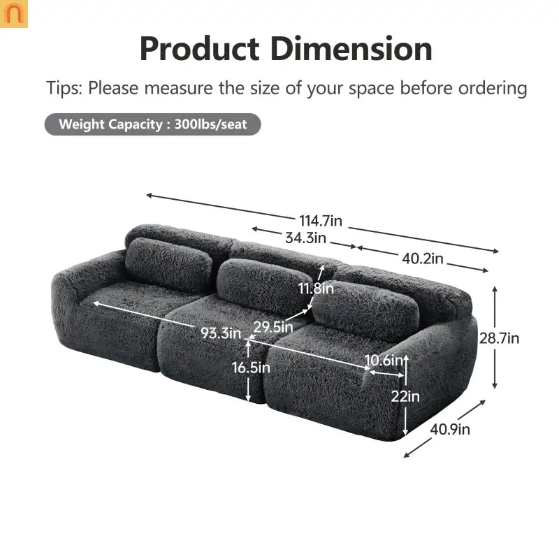 Sectional Sofa Modular Dark Grey Plush Fabric 114 Inch