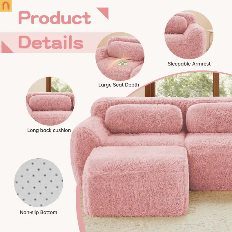 Sectional Sofa Modular Pink Plush Fabric 114 Inch with Throw Pillows