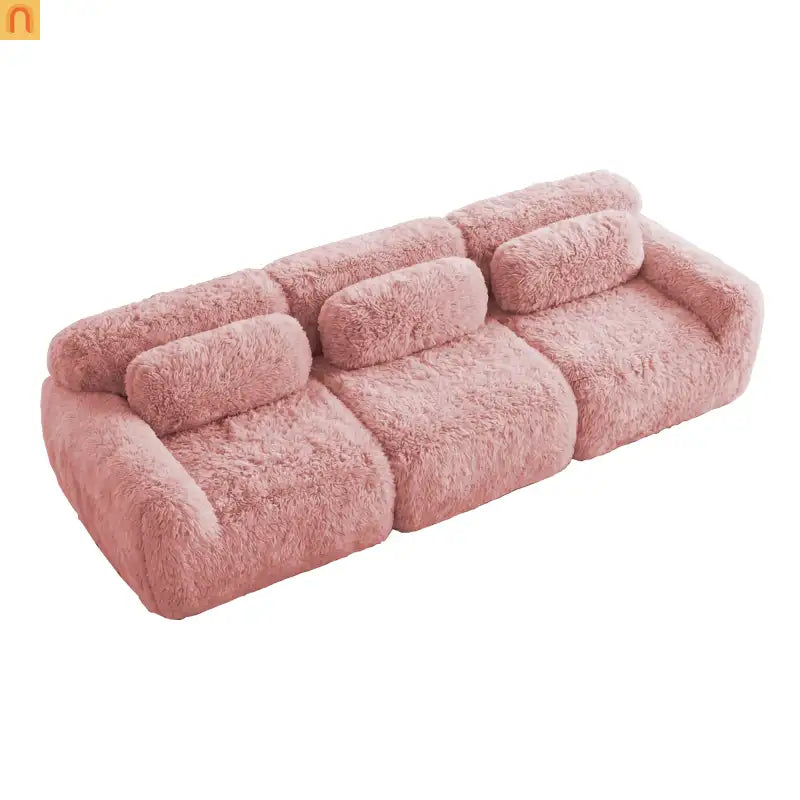 Sectional Sofa Modular Pink Plush Fabric 114 Inch with Throw Pillows