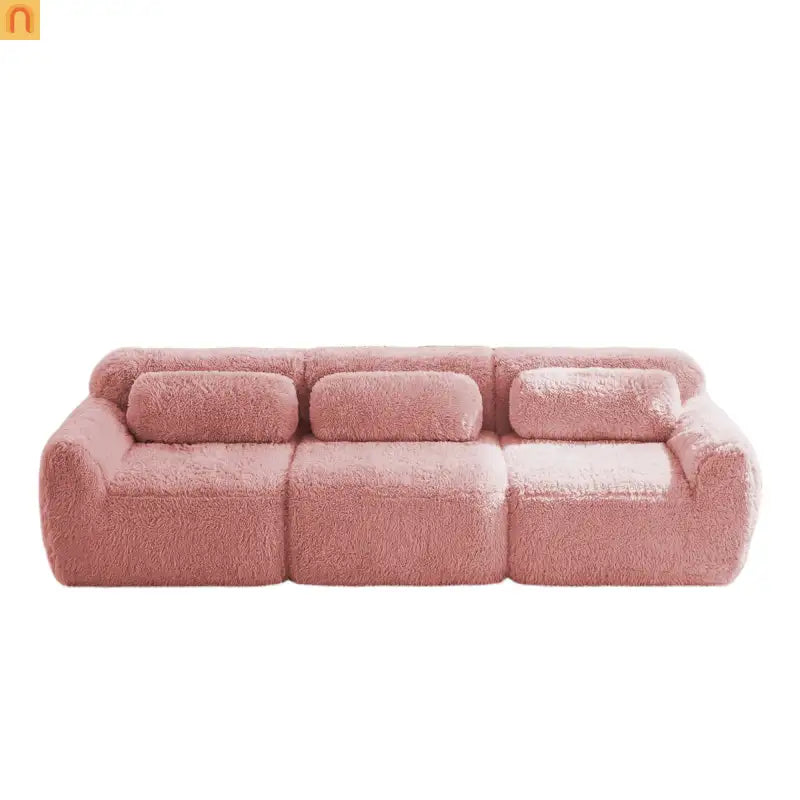 Sectional Sofa Modular Pink Plush Fabric 114 Inch with Throw Pillows