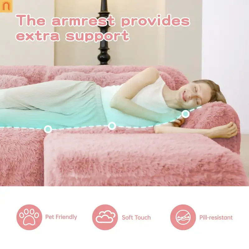 Sectional Sofa Modular Pink Plush Fabric 114 Inch with Throw Pillows