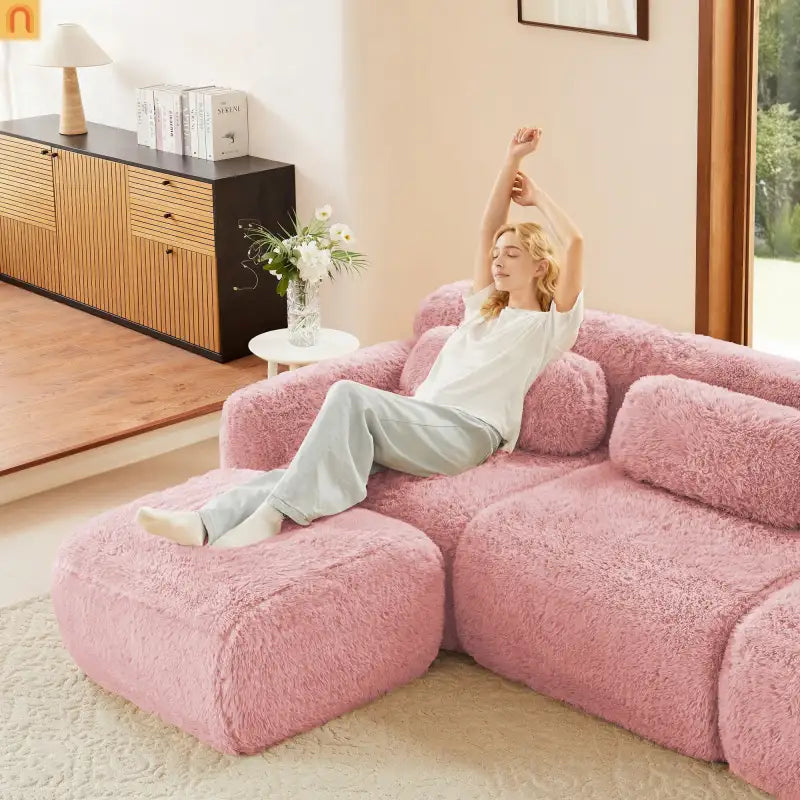 Sectional Sofa Modular Pink Plush Fabric 114 Inch with Throw Pillows