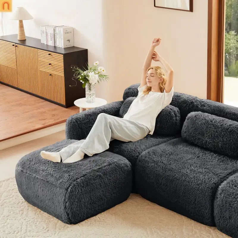 Sectional Sofa Modular Dark Grey Plush Fabric 114 Inch