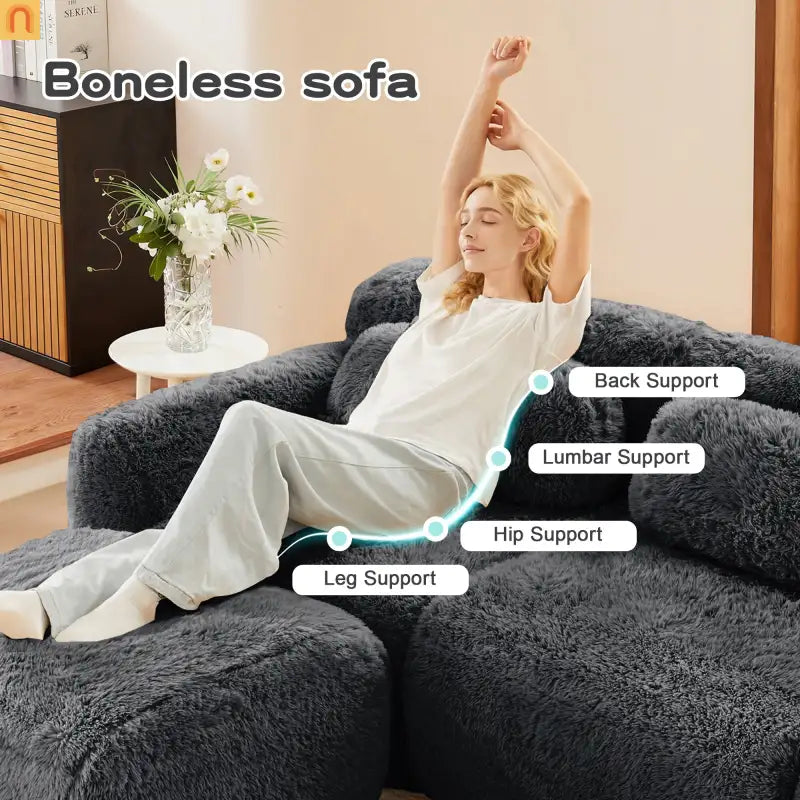 Sectional Sofa Modular Dark Grey Plush Fabric 114 Inch