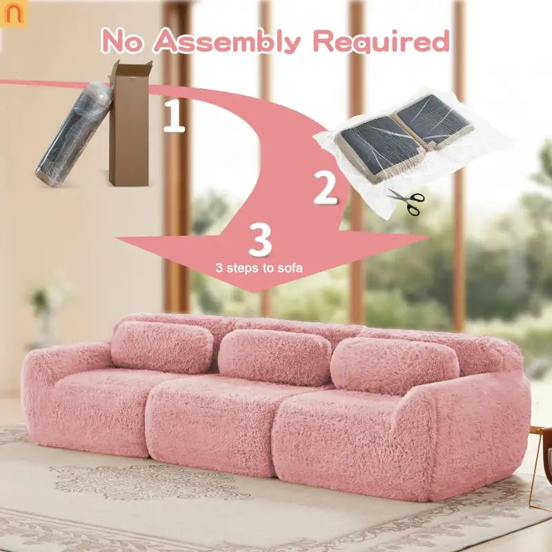Sectional Sofa Modular Pink Plush Fabric 114 Inch with Throw Pillows
