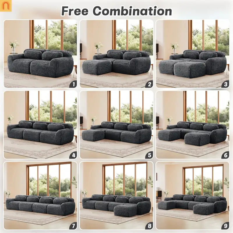 Sectional Sofa Modular Dark Grey Plush Fabric 114 Inch