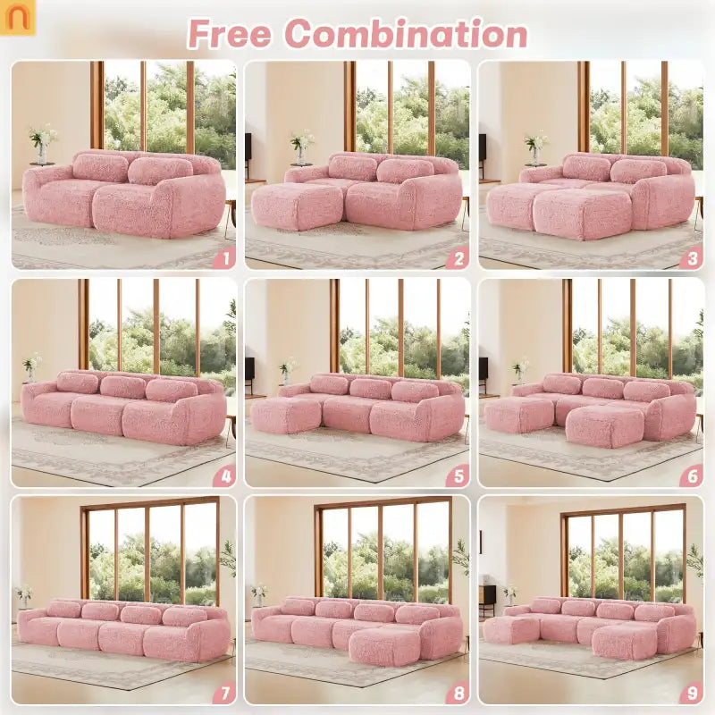 Sectional Sofa Modular Pink Plush Fabric 114 Inch with Throw Pillows