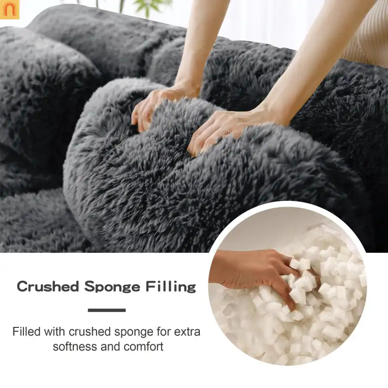 Sectional Sofa Modular Dark Grey Plush Fabric 114 Inch