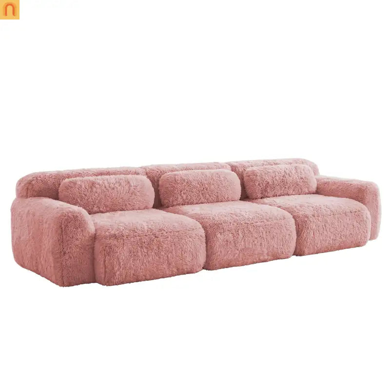 Sectional Sofa Modular Pink Plush Fabric 114 Inch with Throw Pillows