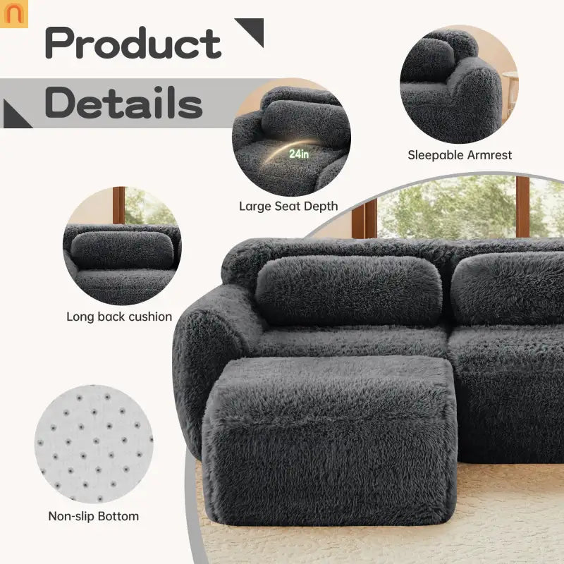 Sectional Sofa Modular Dark Grey Plush Fabric 114 Inch