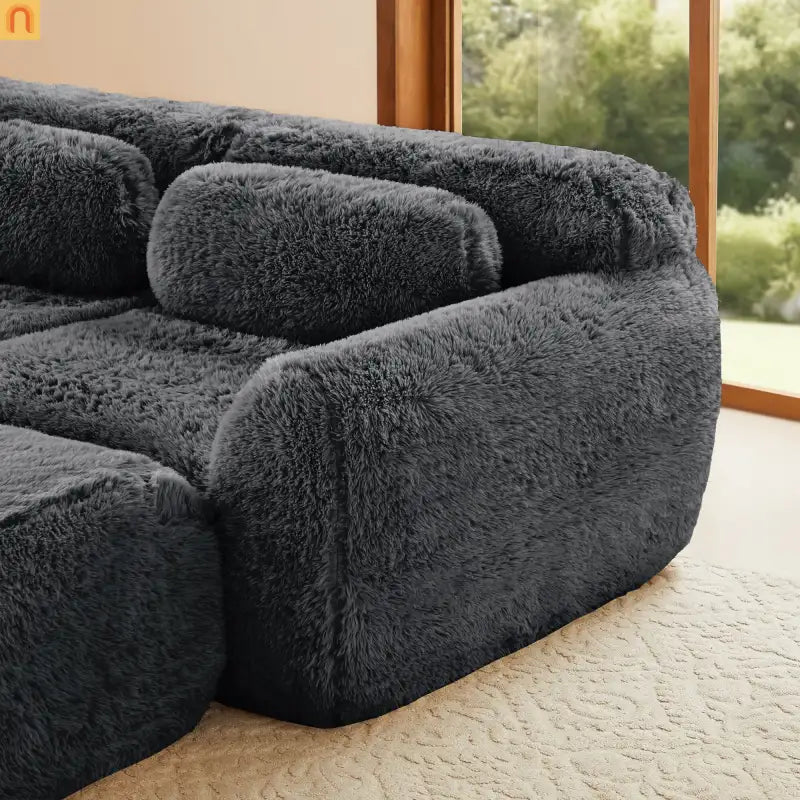 Sectional Sofa Modular Dark Grey Plush Fabric 114 Inch
