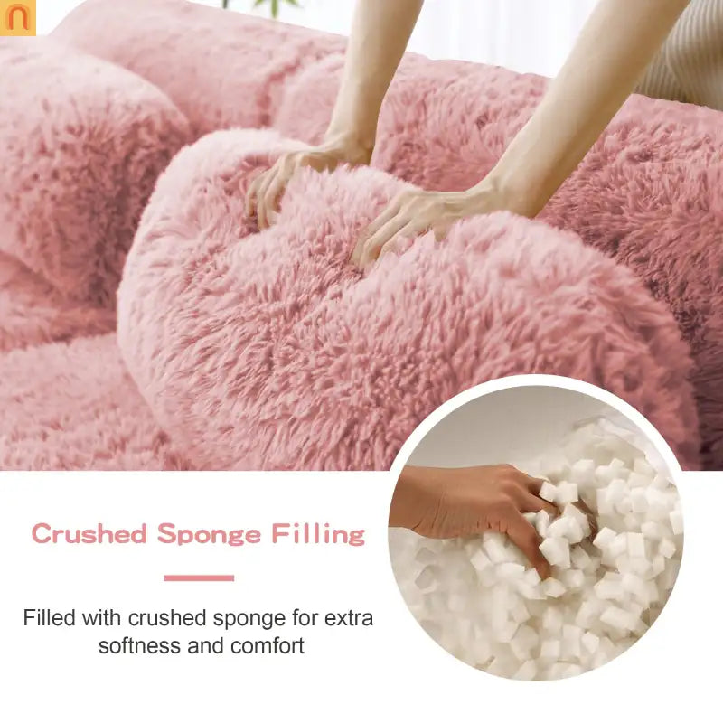 Sectional Sofa Modular Pink Plush Fabric 114 Inch with Throw Pillows