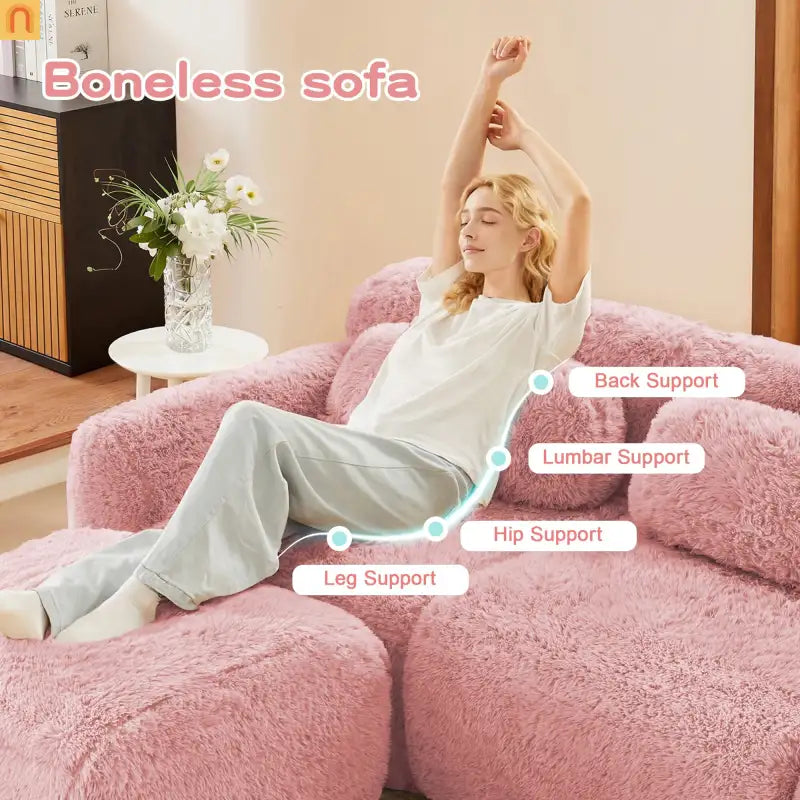Sectional Sofa Modular Pink Plush Fabric 114 Inch with Throw Pillows