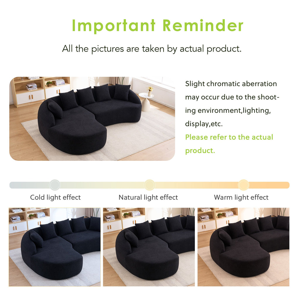 Sectional Sofa l Shaped with Curved Chaise Black Chenille Sleeper