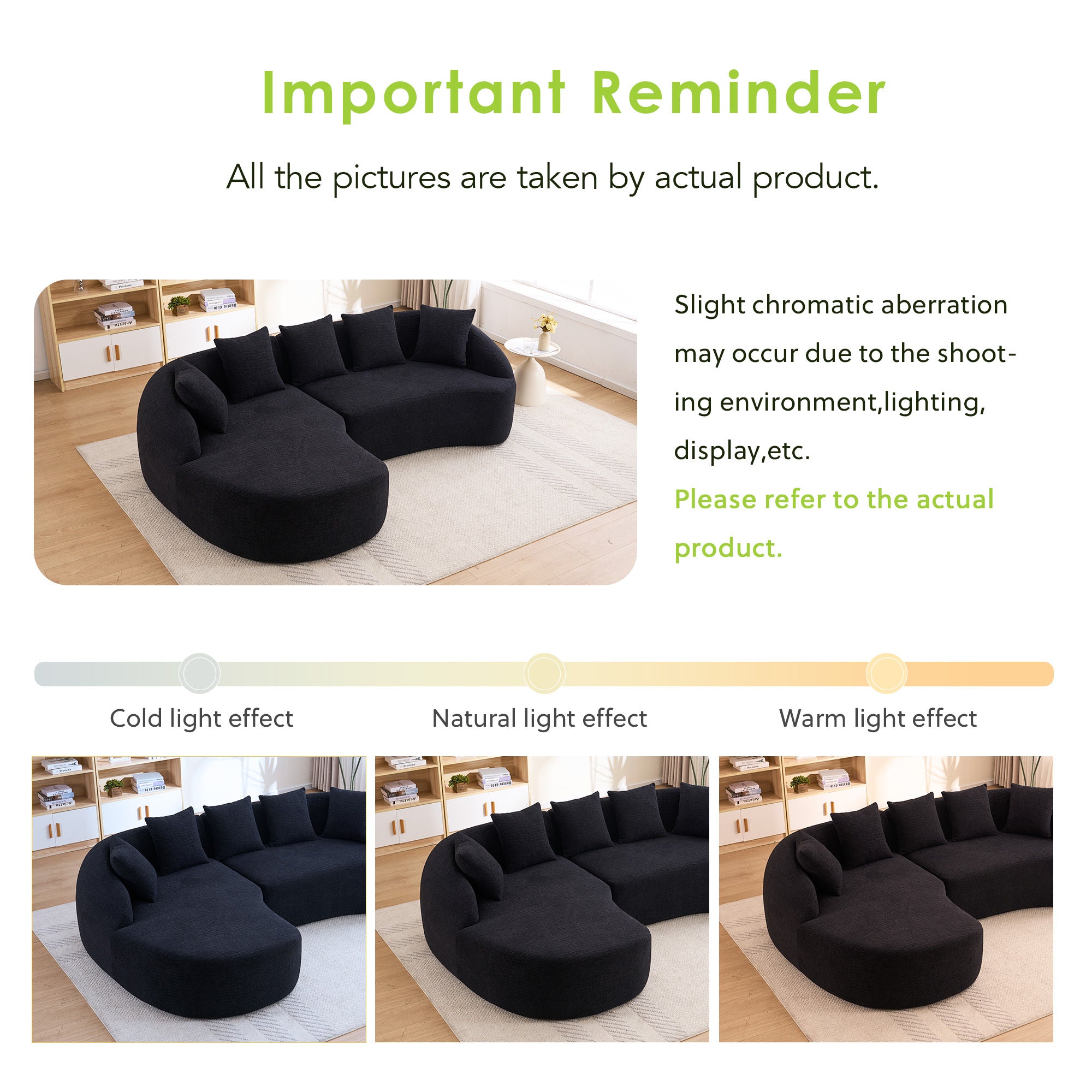 Sectional Sofa l Shaped with Curved Chaise Black Chenille Sleeper