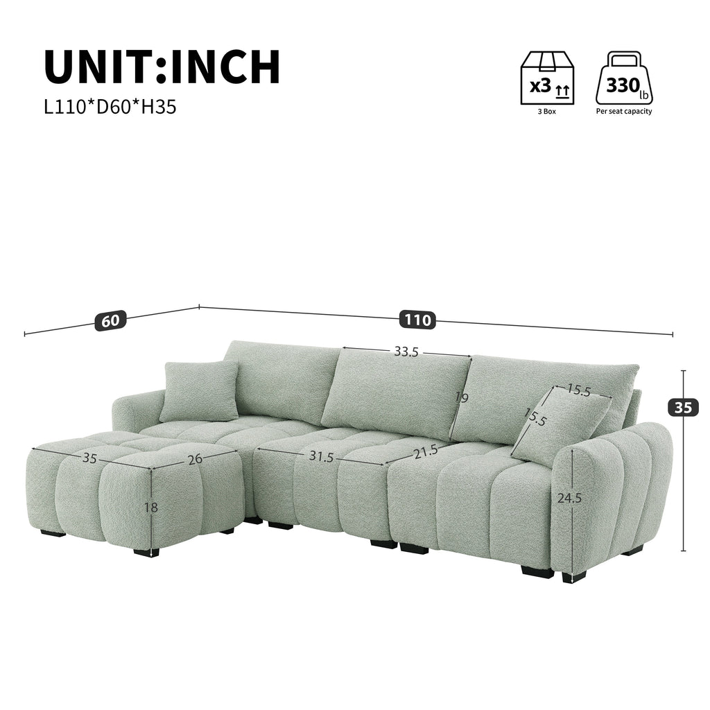 Sectional Sofa L-Shaped Boucle with Movable Ottoman Extra-Large Seat 3 Colors