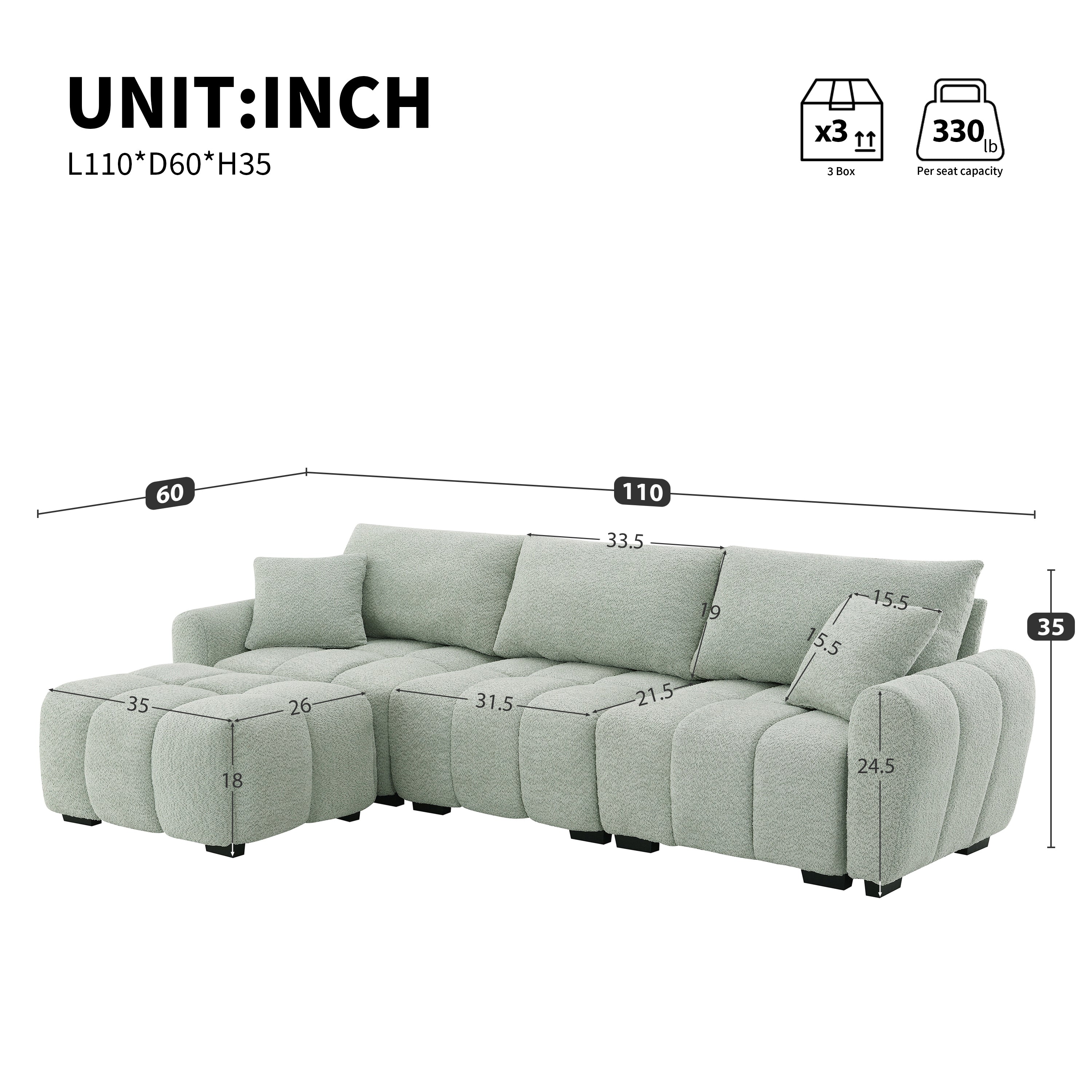 Sectional Sofa L-Shaped Boucle with Movable Ottoman Extra-Large Seat 3 Colors