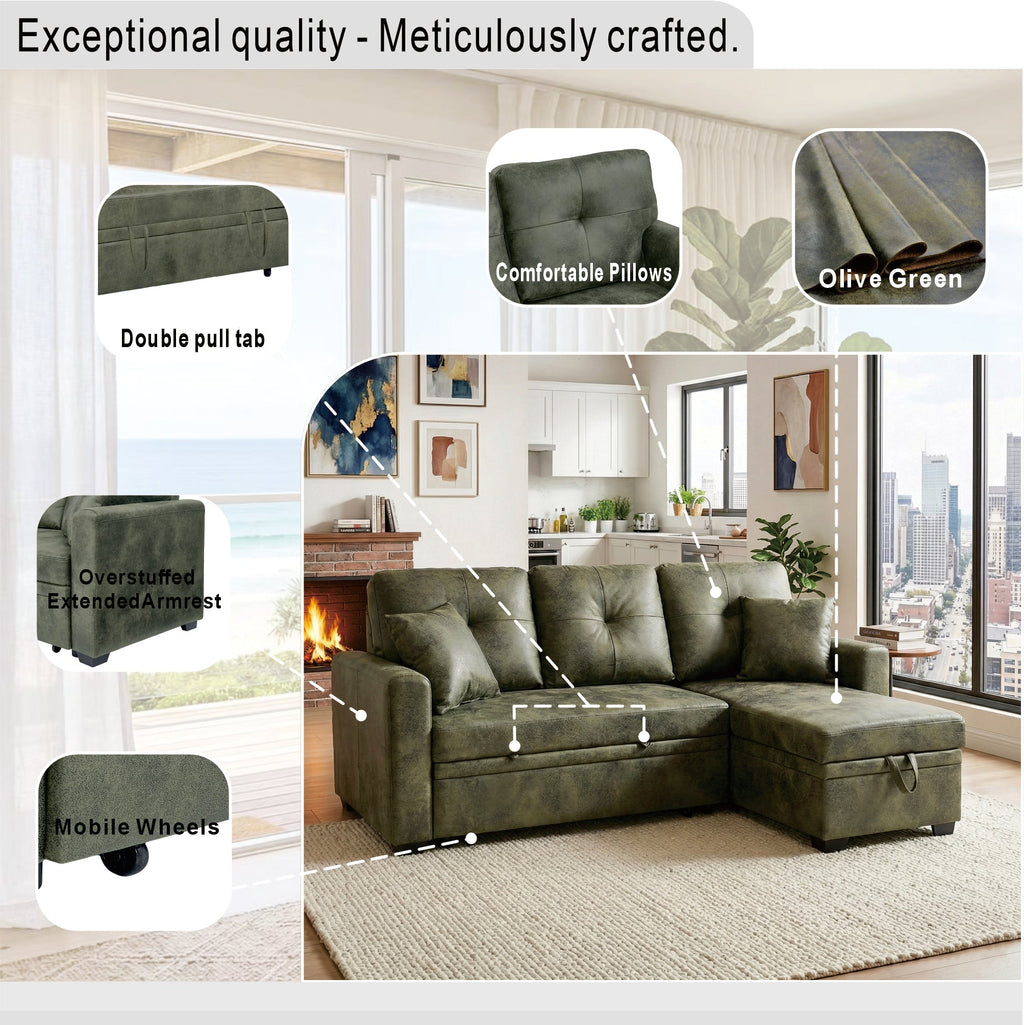 Sectional Sofa l Shaped Olive Green Fabric Sleeper with Small Space Solution