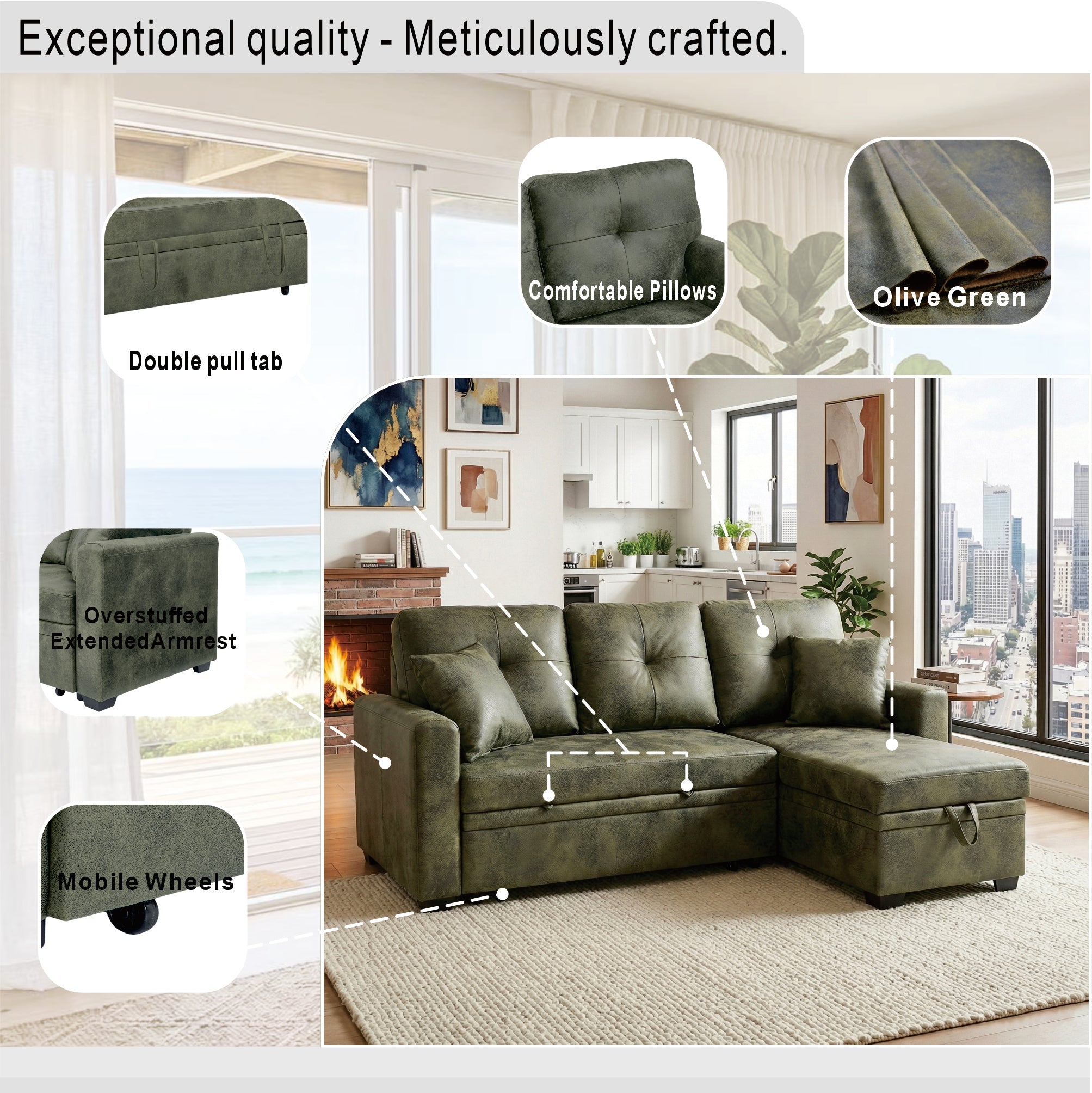 Sectional Sofa l Shaped Olive Green Fabric Sleeper with Small Space Solution